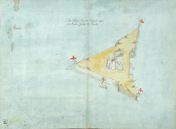 The Castell Perrott Placed Upon the Rock Called the Stack, cca 1597-1601 (wc, tužka, pero a inkoust na papíře podloženém plátnem) od Robert Devereux