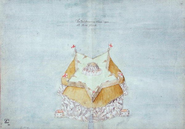 Fort Devereux umístěná na Fern Island, kolem 1597-1601 (wc, tužka, pero a inkoust na papíře podložené lnem) od Robert Devereux