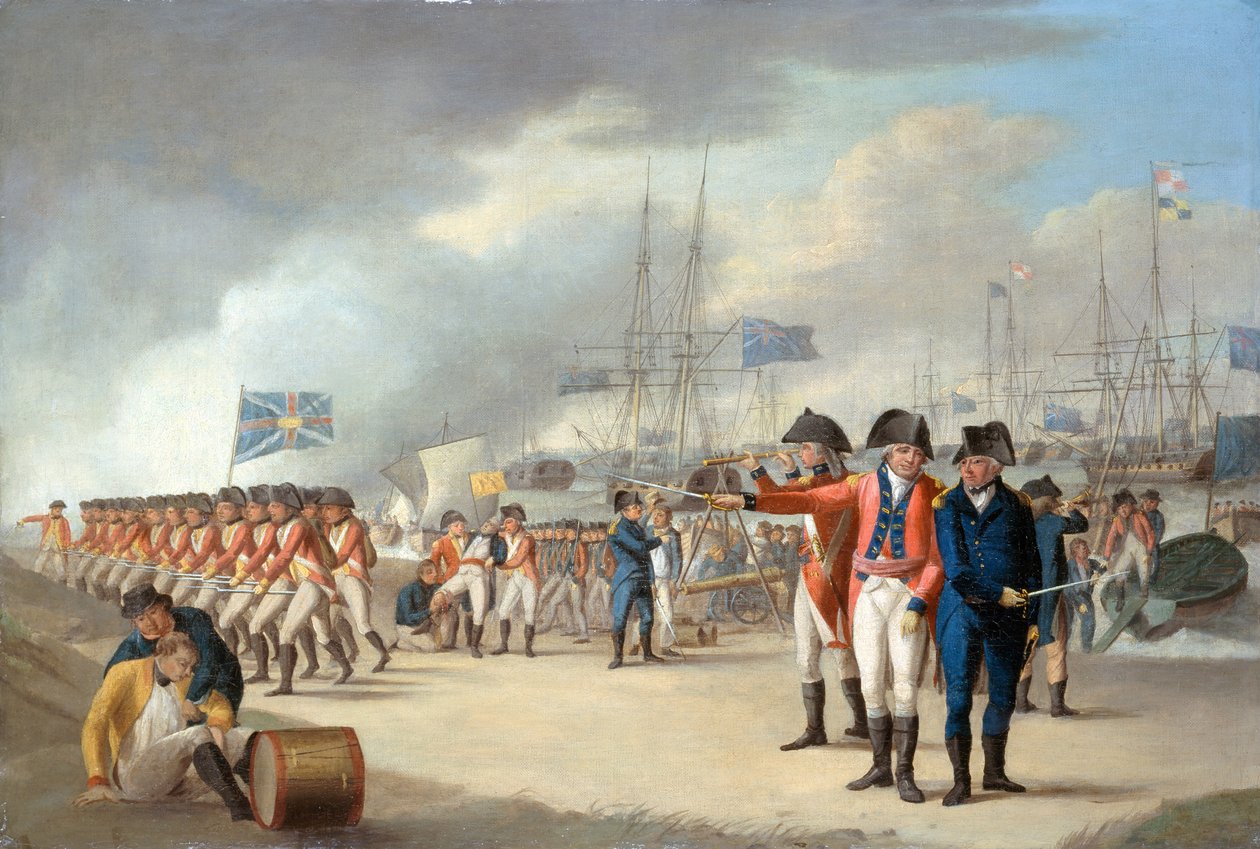 Vylodění britských vojáků pod velením sira Ralpha Abercrombyho (1734-1801) na ostrově Texel v Holandsku, 27. srpna 1799, cca 1799 od Robert Dodd