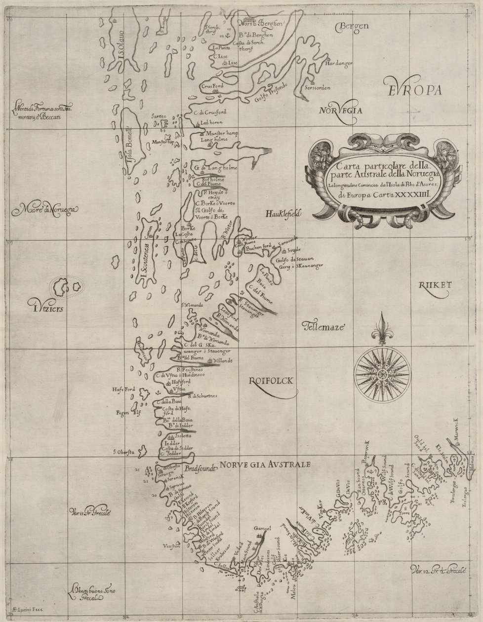 Mapa z mapové sbírky Národní knihovny. Mapa byla zveřejněna v roce (asi 1647) a ukazuje jižní Norsko, pobřeží, námořní mapy od Robert Dudley