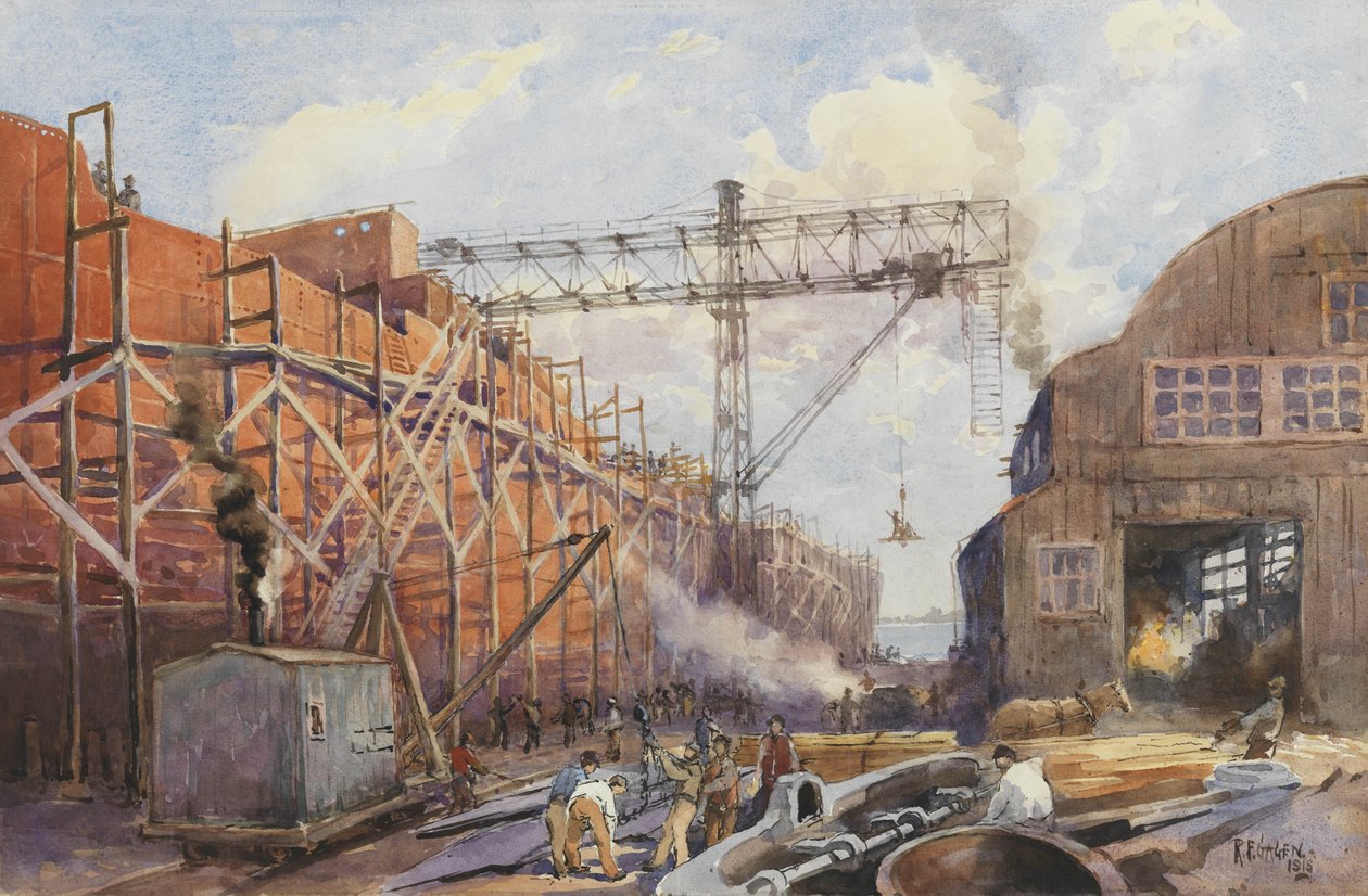 Polson Iron Work Yard, Ship War Hydra on Stocks, 1918 od Robert Ford Gagen