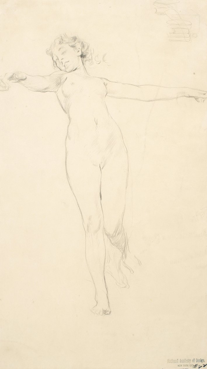 Náčrt stojícího ženského aktu, možná pro nástěnnou malbu Moods to Music, 1893-95 (grafit na lesklém papíře) od Robert Frederick Blum