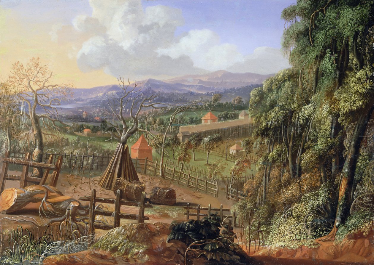 Podzimní krajina v Anglii s blížící se bouří, kolem roku 1735 od Robert Griffier
