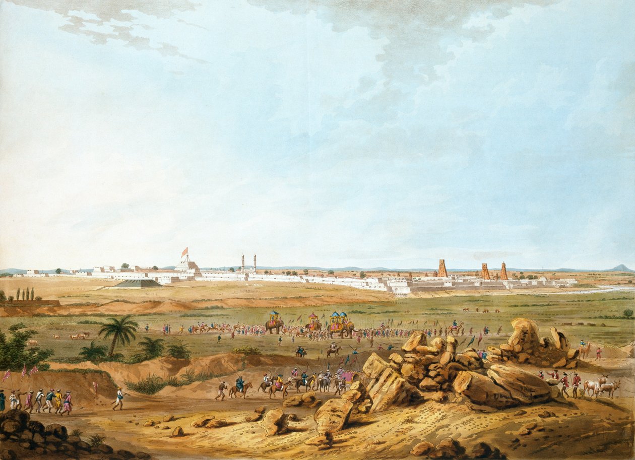 East View of Seringapatam dne 15. května 1791, ilustrace z Dvanáct pohledů na Mysore, zemi Tippoo Sultan, rytý a kolorovaný J.W. Edy, publikoval 1804 (barevná akvatinta) od Robert H. Colebrooke