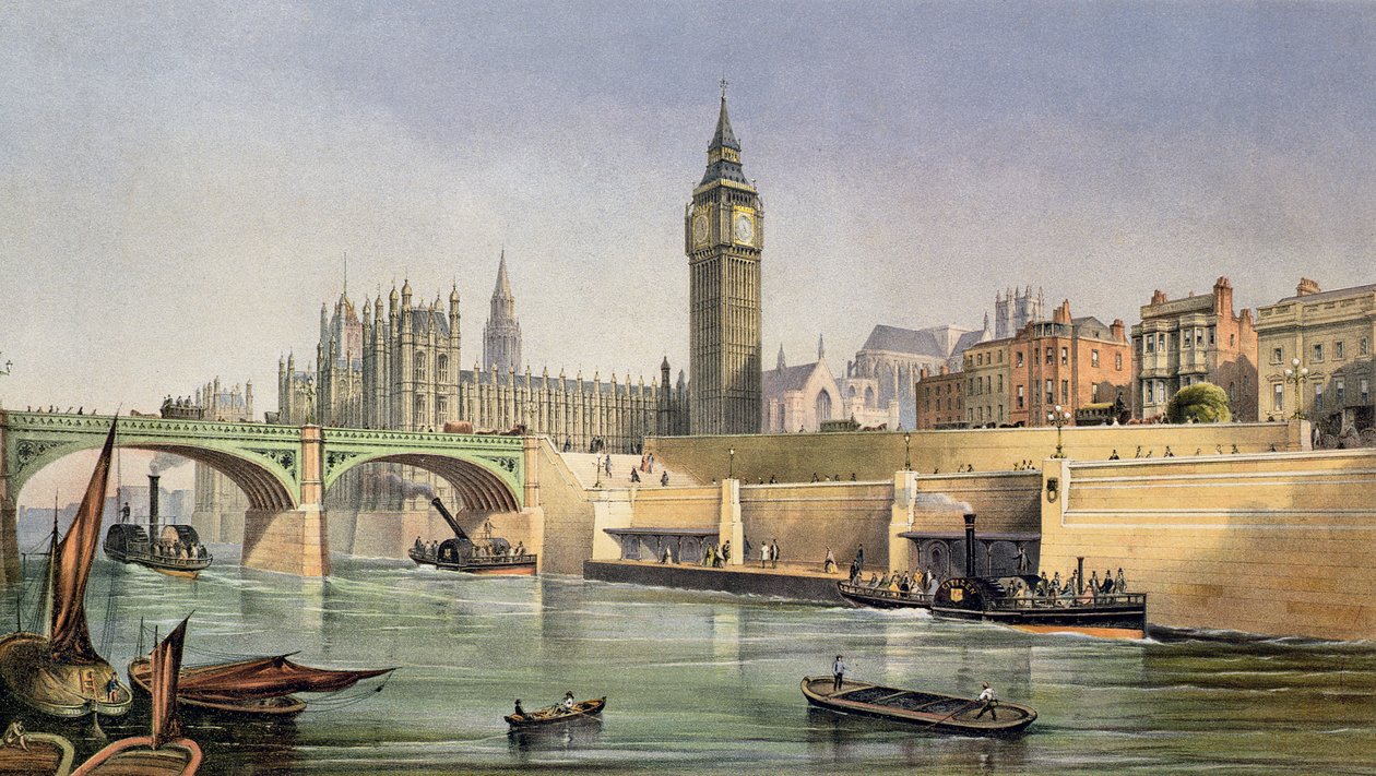 Nábřeží Temže zobrazující molo přistání parních člunů na Westminster Bridge, vyryté Day and Son, 1864 od Robert Kent Thomas