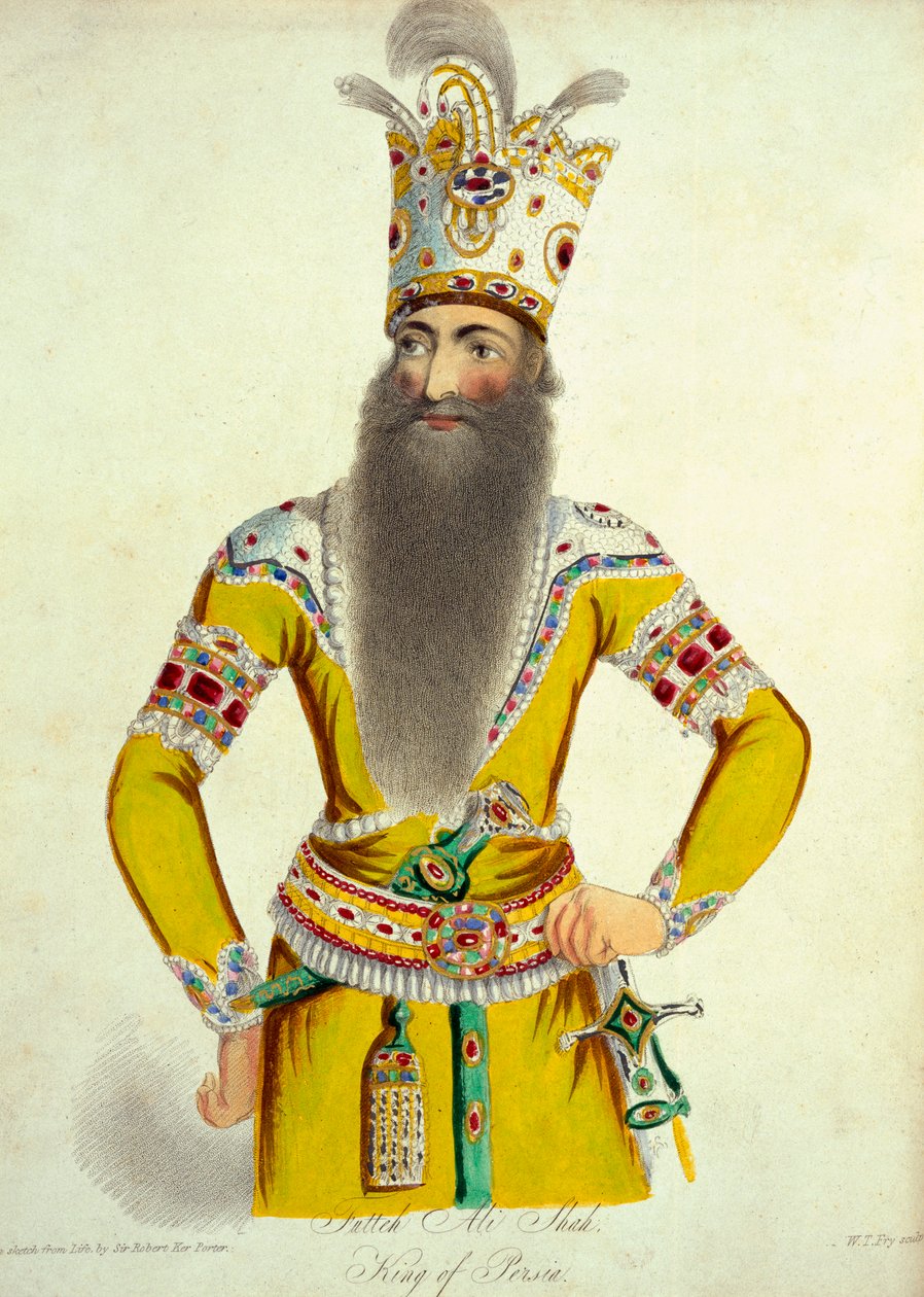 Portrét Fatteh Ali Shah, vyrytý Williamem Thomasem Fryem (1789-1843) z „Cesty v Georgii, Persii, Arménii, starověké Babylónii, undc, během let starověké Babylonie 1817-20“, vydáno 1821-22 od Robert Kerr Porter