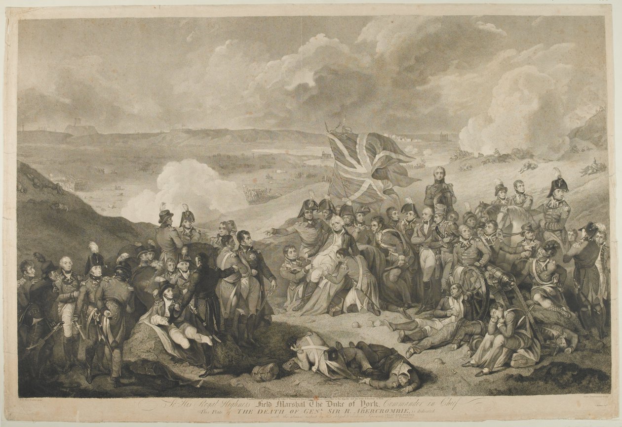 Smrt generála Abercrombieho v bitvě u Alexandrie, 21. března 1801, vyryto J. Vendraminim, vydáno 1804 od Robert Kerr Porter