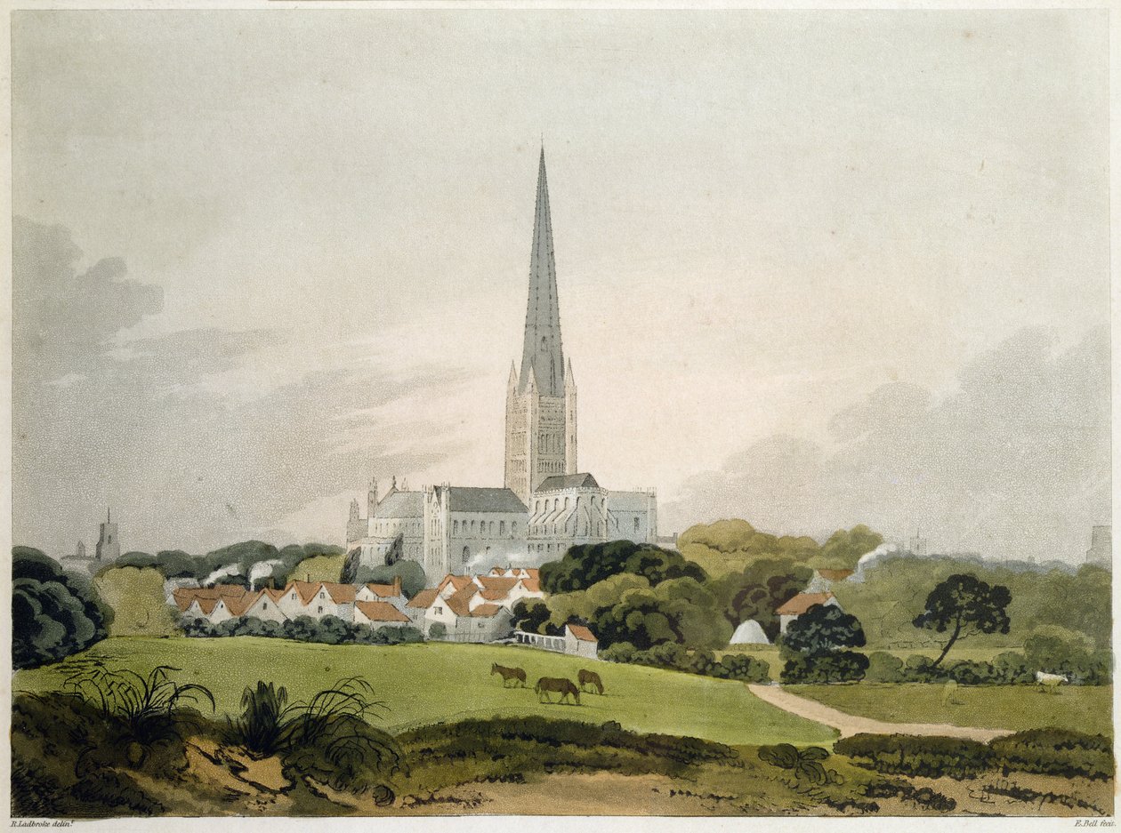 Katedrála v Norwichi, 1802, vyryl Edward Bell (fl. 1794-1847) (tisk) od Robert Ladbrooke