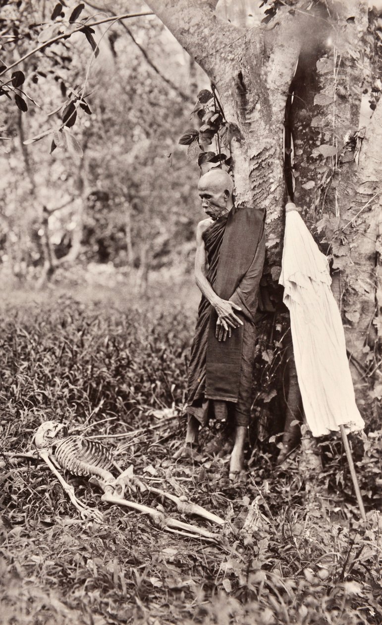 Symbolická fotografie mnicha uvažujícího o kostře, Siam, c.1890 od Robert Lenz