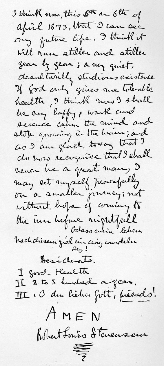 Stevensonova osobní filozofie a seznam Desiderata pro šťastný život, 1873 od Robert Louis Stevenson