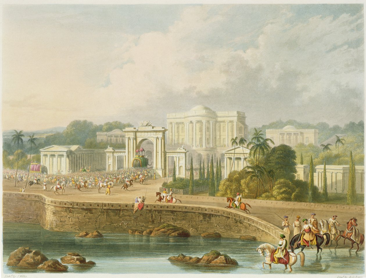 Britská rezidence v Hajdarábádu v roce 1813, ze svazku II „Scenérie, kostýmy a architektura Indie“, vyleptané Johnem Willisem (fl. 1826-52) a vyryté R.G. Rychtář (fl.1811-37) hospoda. od Smith, E od Robert Melville Grindlay