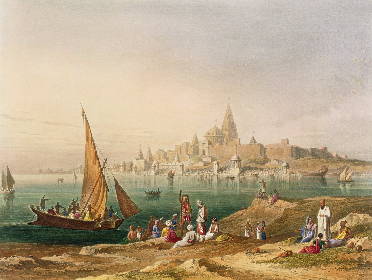 Posvátné město a chrámy v Dwarce, ze svazku II knihy "Scenérie, kostýmy a architektura Indie", nakreslil William Purser (asi 1790-1852) a vyryl R.G. Reeve (fl.1811-37), vyd. Smith, Eld. od Robert Melville Grindlay