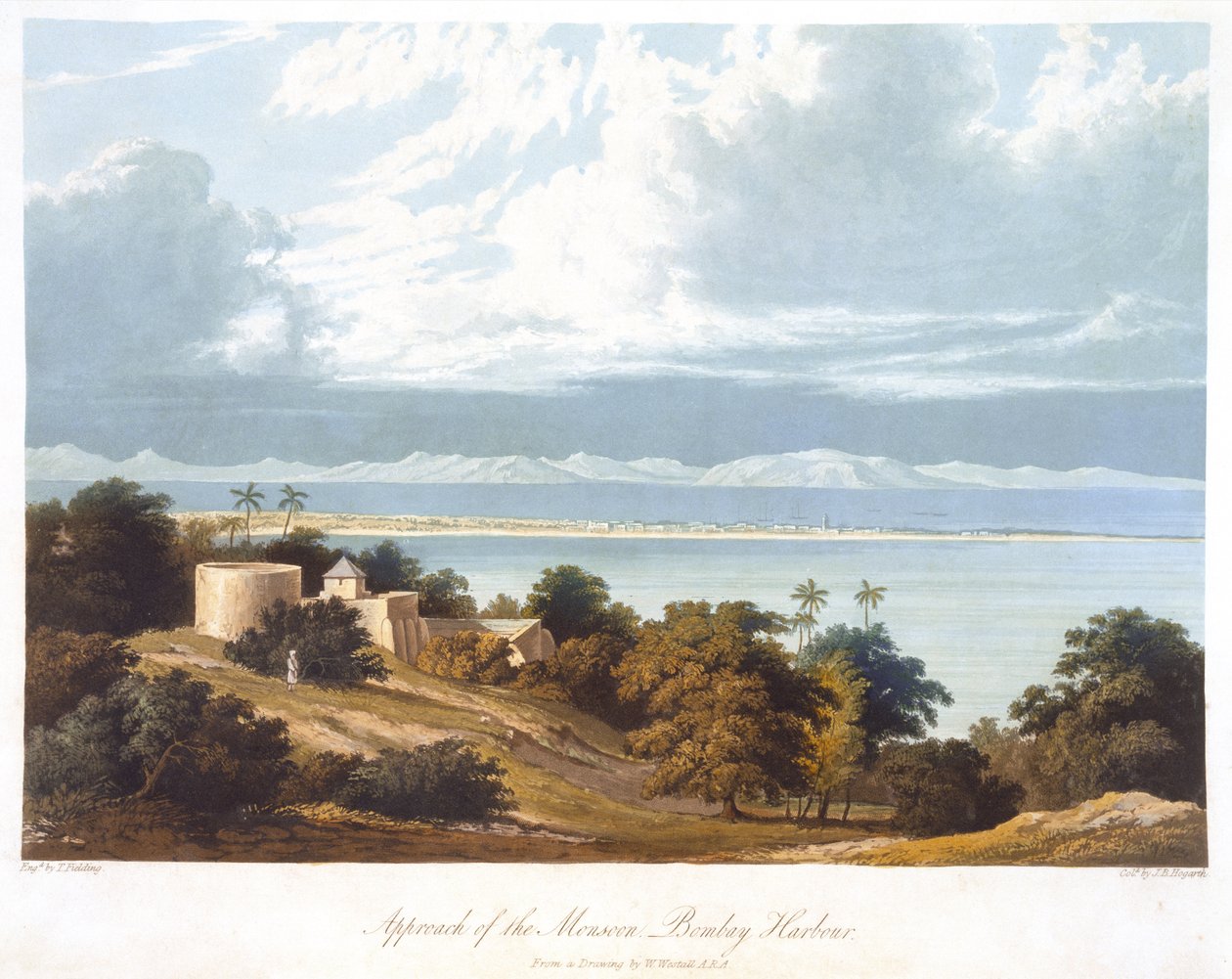 Approach of the Monsoon, Bombay Harbour, z kresby Williama Westalla (1781-1850) z Scenery, Costumes and Architecture of India ryté T. Fieldingem, kolorováno J.B. Hogarthem, vydáno 182 od Robert Melville after Grindlay