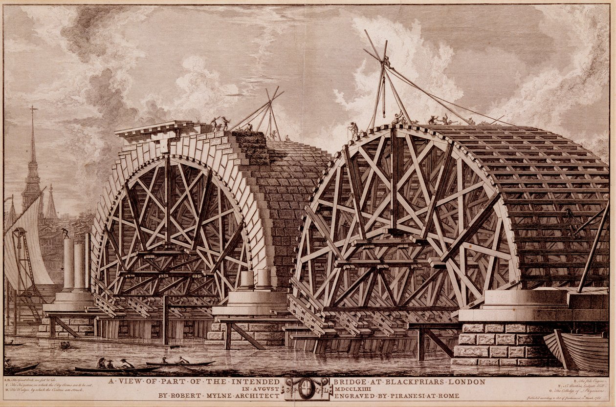 Pohled na část zamýšleného mostu v Blackfriars v Londýně, tisk Piranesi, 1764 od Robert Milne