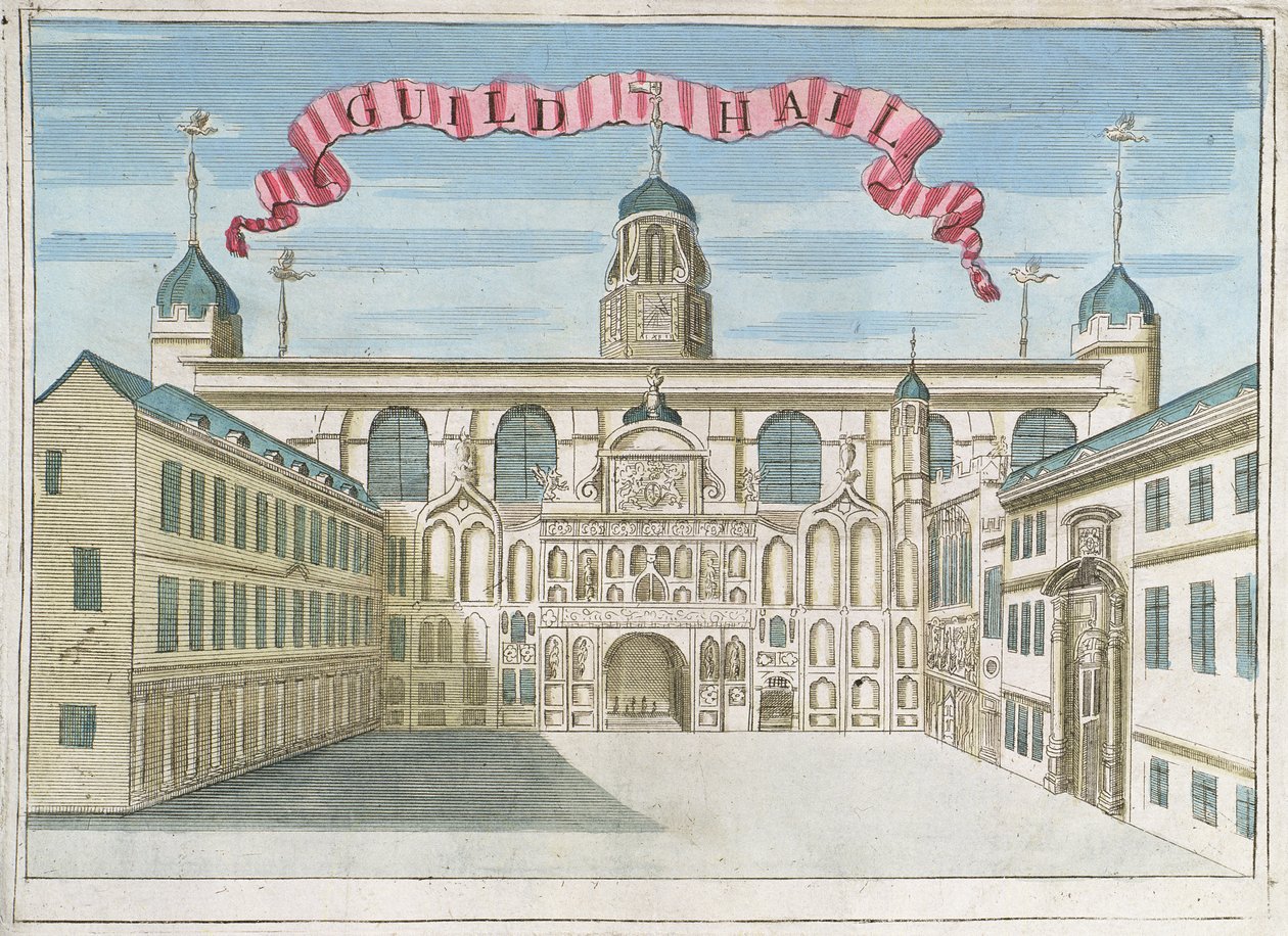 Guildhall, z „Knihy vyhlídek pozoruhodných míst v City of London ao nich“, kolem roku 1700 od Robert Morden