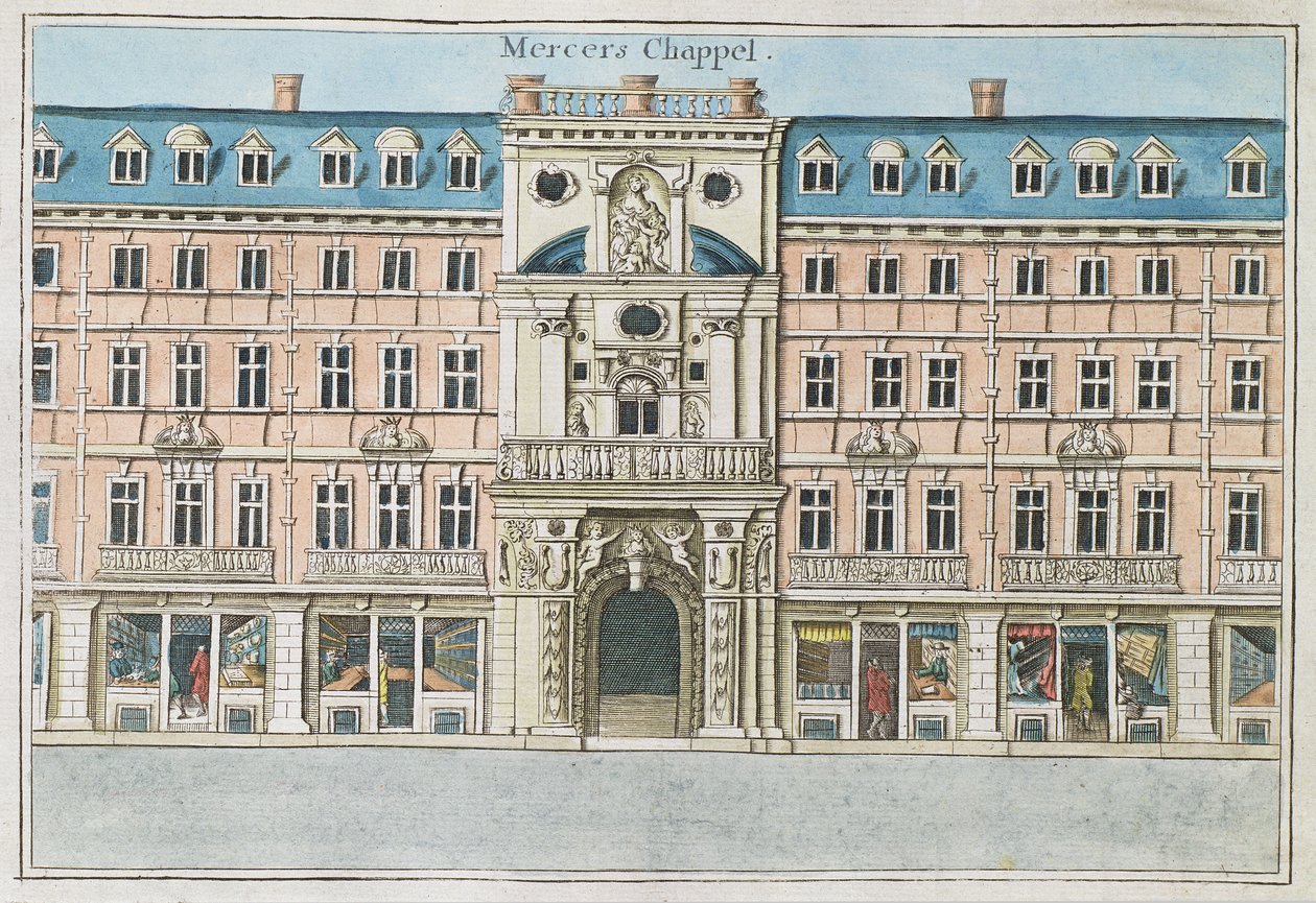 Mercers Chapel, z knihy „Kniha vyhlídek pozoruhodných míst v City of London ao nich“, kolem roku 1700 od Robert Morden