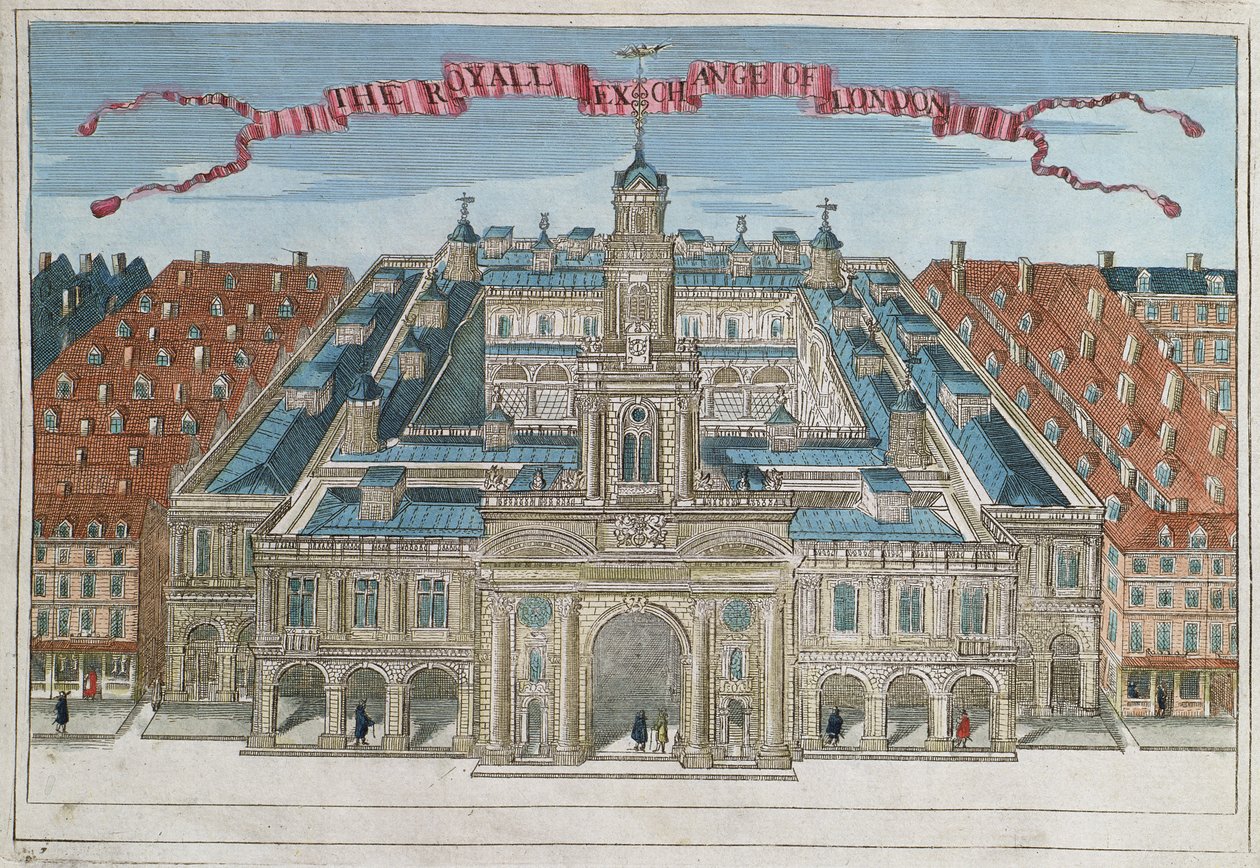 Královská burza z knihy „Kniha vyhlídek pozoruhodných míst v City of London“ kolem roku 1700 od Robert Morden