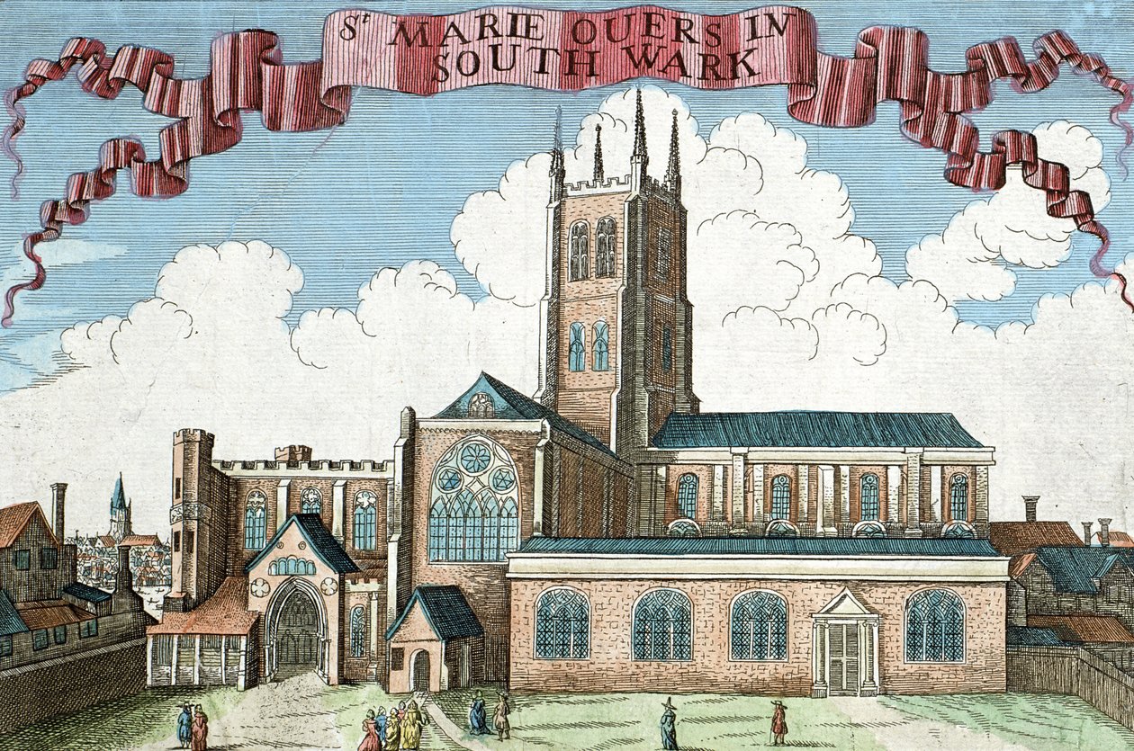 St. Marie Overie v Southwarku, z knihy „Kniha vyhlídek pozoruhodných míst v Londýně ao něm“, kolem roku 1700 od Robert Morden