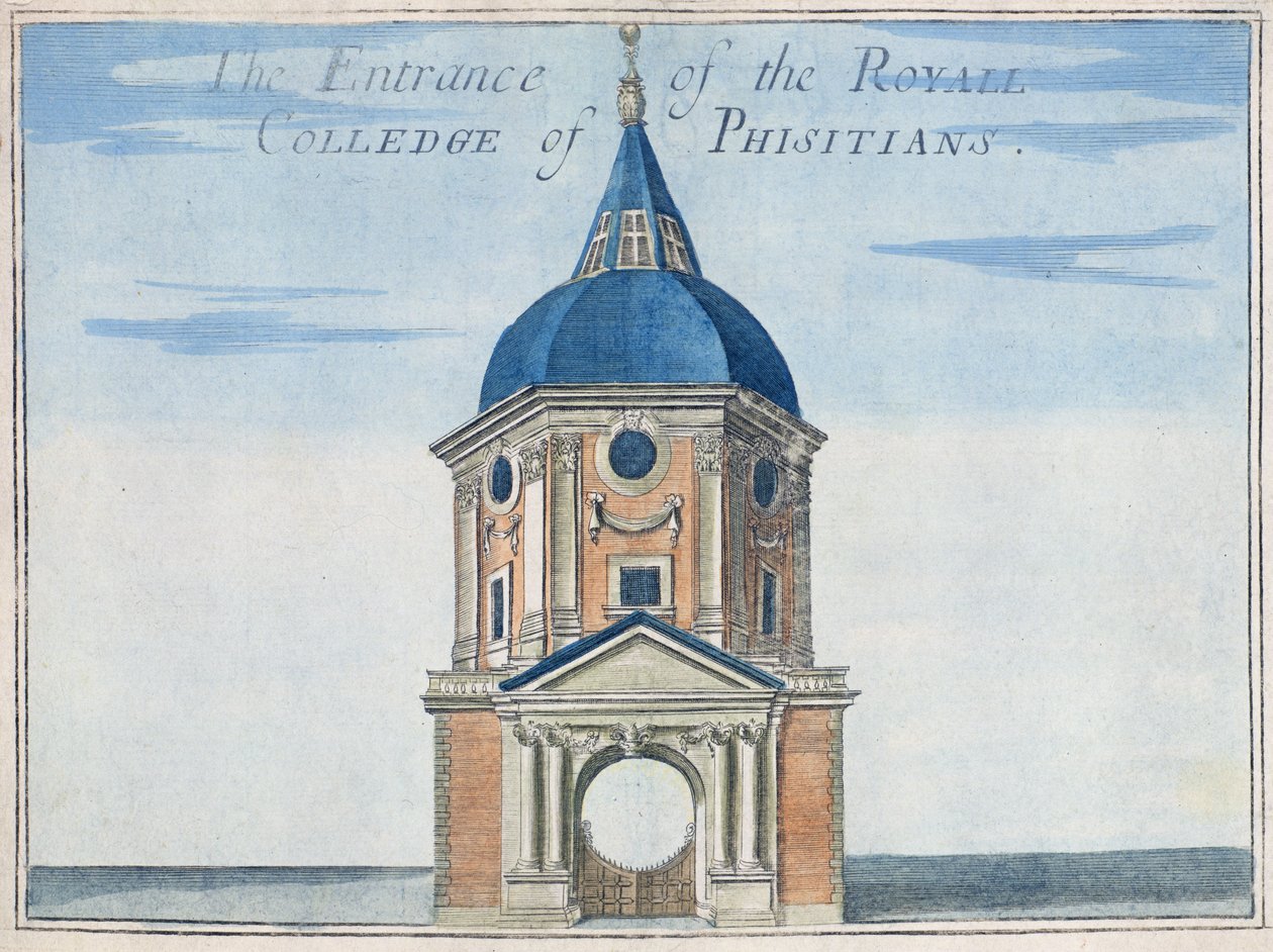 Vchod do Royal College of Physicians, z knihy „Kniha vyhlídek pozoruhodných míst v Londýně ao něm“, kolem roku 1700 od Robert Morden