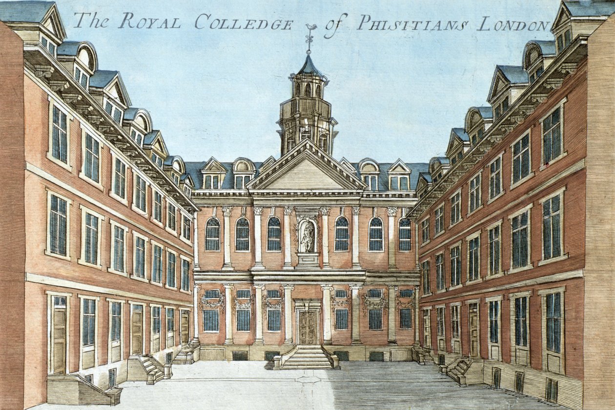 Royal College of Physicians, z knihy „Kniha vyhlídek pozoruhodných míst v Londýně ao Londýně“, kolem roku 1700 od Robert Morden