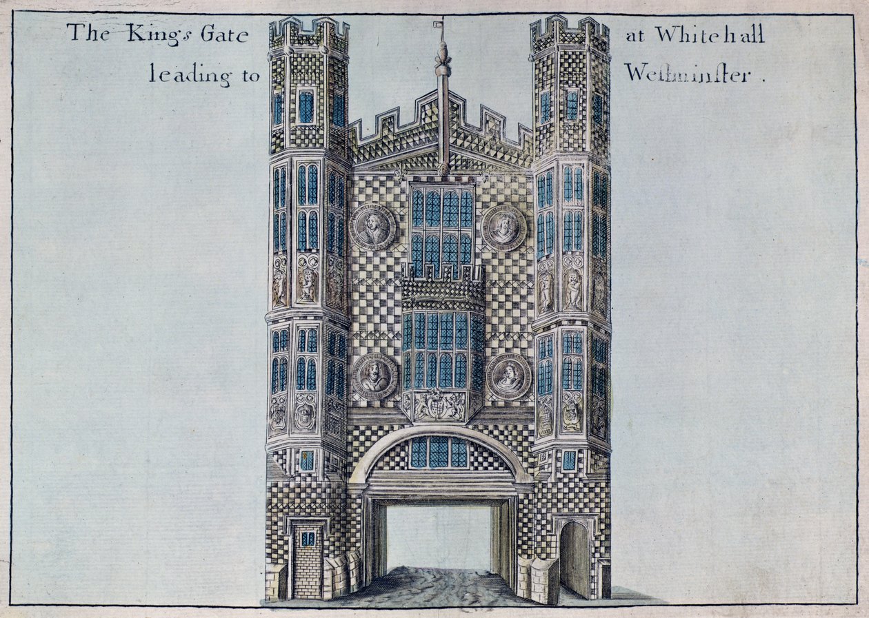 Whitehall: The Kings Gate Leading to Westminster, z „Knihy vyhlídek pozoruhodných míst v City of London ao nich“, kolem roku 1700 od Robert Morden