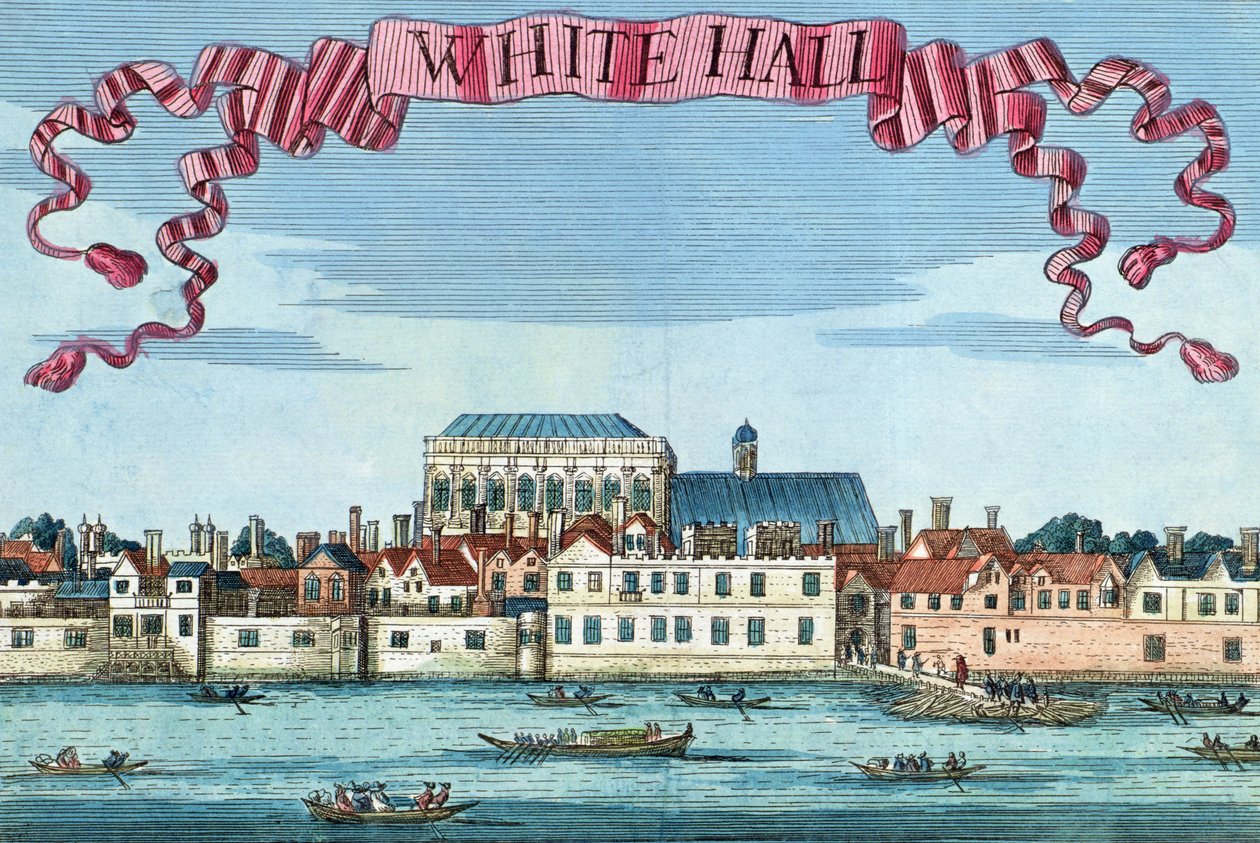 Whitehall, z knihy „Kniha vyhlídek pozoruhodných míst v City of London ao nich“, kolem roku 1700 od Robert Morden