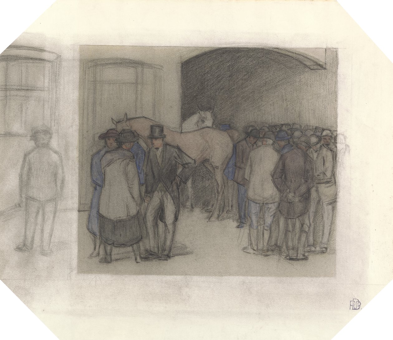 Ráno v Tattersalls (černá křída a barevné výplachy na papíře) od Robert Polhill Bevan