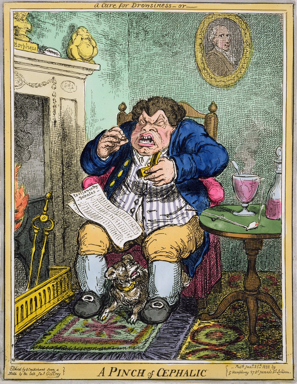 Lék na ospalost aneb Špetka cephalic, vyryl George Cruikshank (1792-1878), vydal G. Humphrey, 25. ledna 1822 (barevný lept) od Robert Seymour