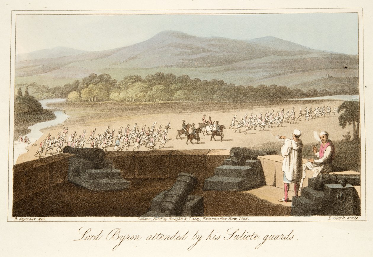 Lord Byron v doprovodu své suliotské gardy, z knihy The Last Days of Lord Byron od Williama Parryho, vyd. 1825 (ručně kolorovaná rytina) od Robert Seymour