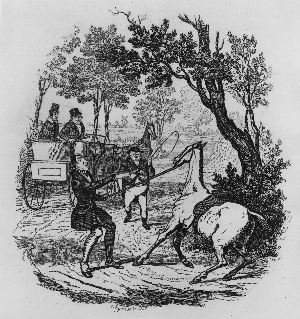 Pan Winkle a pan Pickwick se snaží ovládat svého koně, ilustrace z „The Pickwick Papers“ od Charlese Dickense, 1836 od Robert Seymour
