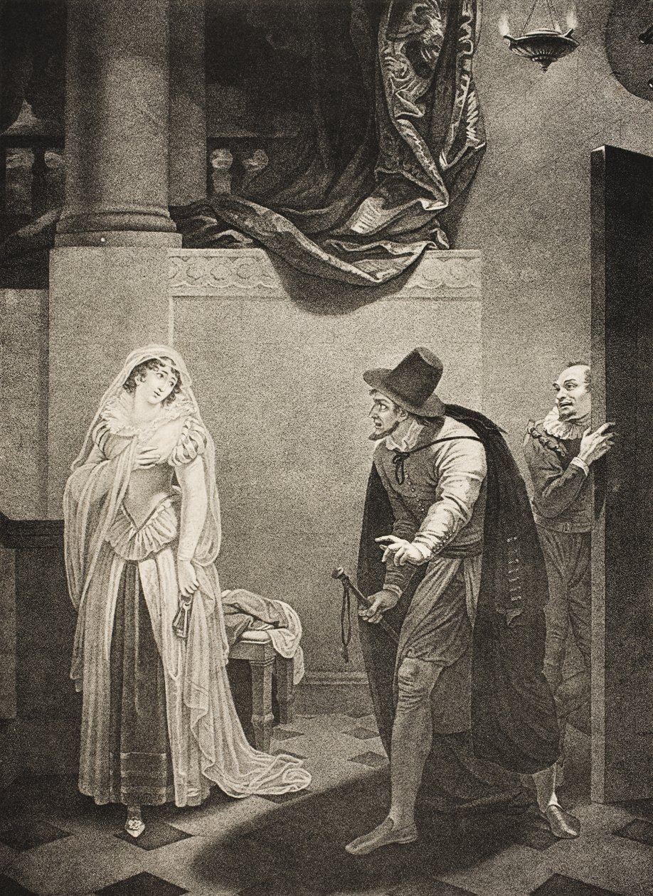 Před Shylockovým domem, dějství II, scéna V, z „Kupce benátského“, z Boydell Shakespeare Gallery, vydané koncem 19. století od Robert Smirke