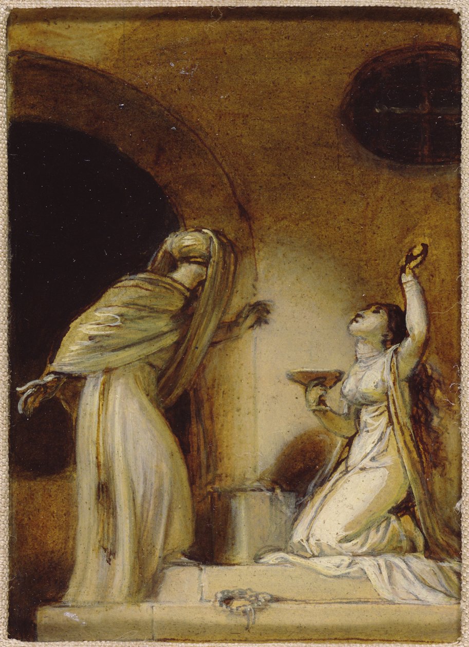 Klečící ženská postava s pohárem, ilustrace k východní romanci, možná 