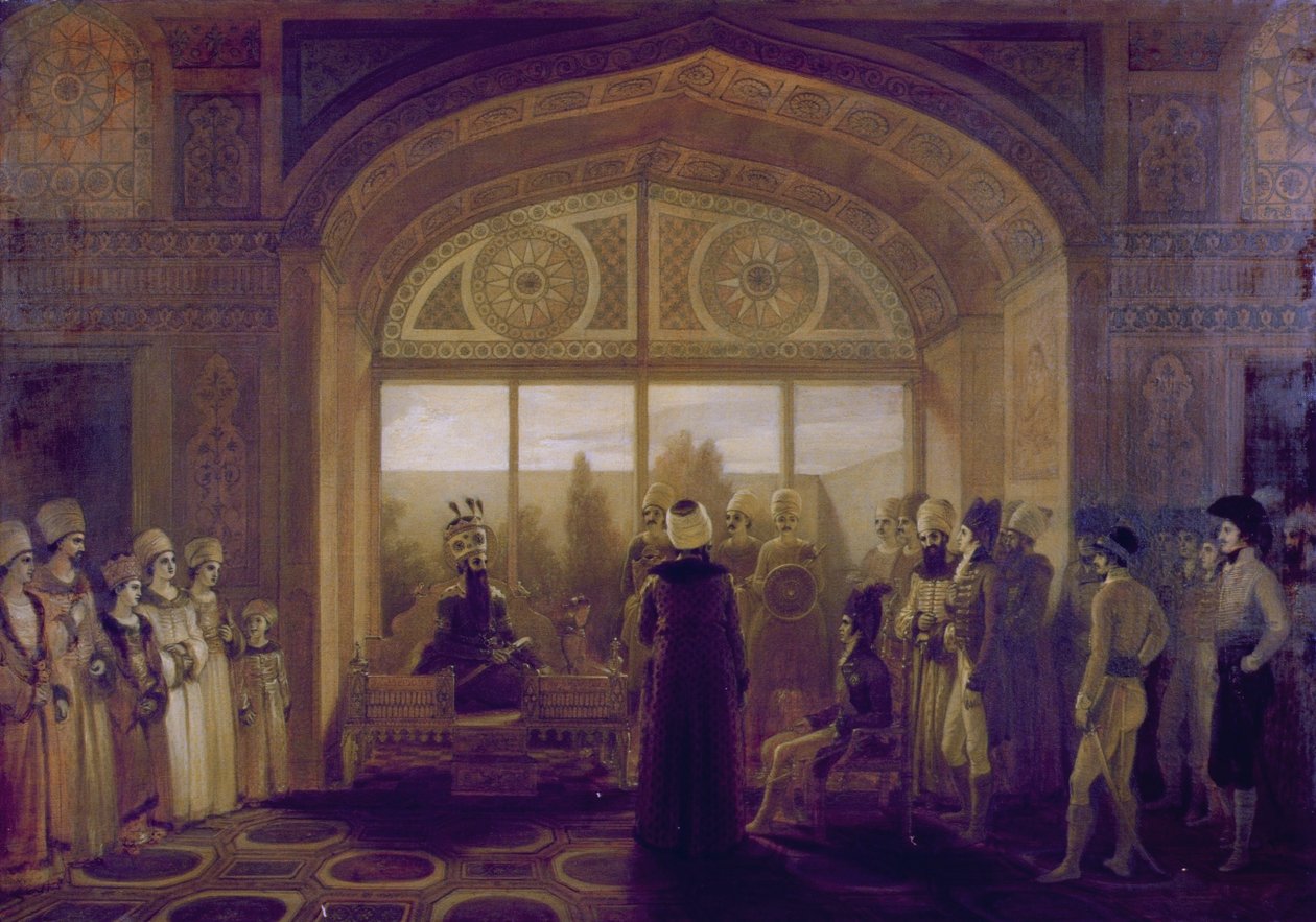 Shah Fath Ali, šáh z Persie (1797-1835) při přijímání sira Harforda Jonese v audienci od Robert Smirke