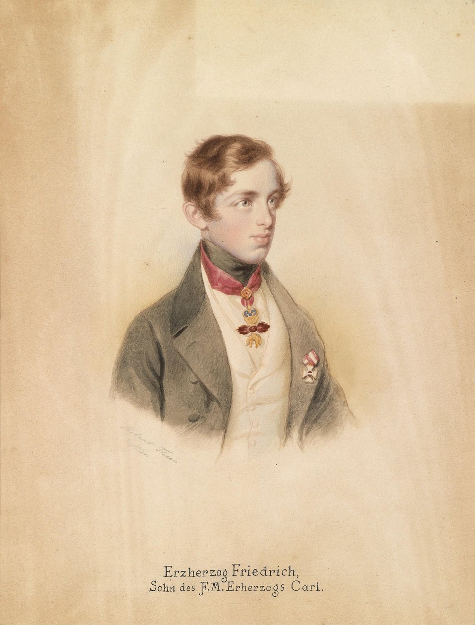 Portrét arcivévody Friedricha Ferdinanda Leopolda Rakouska (1821-1847) s řádem Zlatého rouna a Rytířským křížem řádu Marie Terezie od Robert Theer