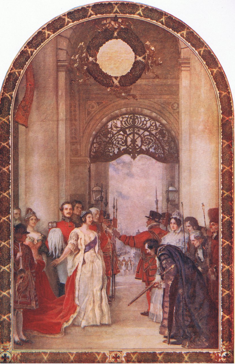 Otevření Royal Exchange královnou Viktorií, z Cassells History of the British People vydané společností Waverley Book Company Limited, kolem roku 1940 od Robert Walker Macbeth