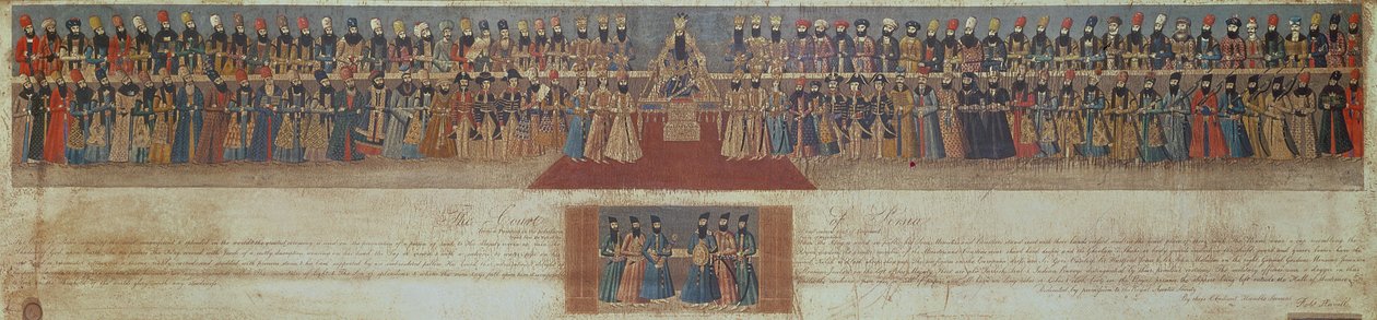 The Court of Fath Ali, Shah of Persia, c.1799, se zahraničními velvyslanci včetně Sir Harford Jones a Sir John Malcolm (1769-1833) od Robert the Younger Havell