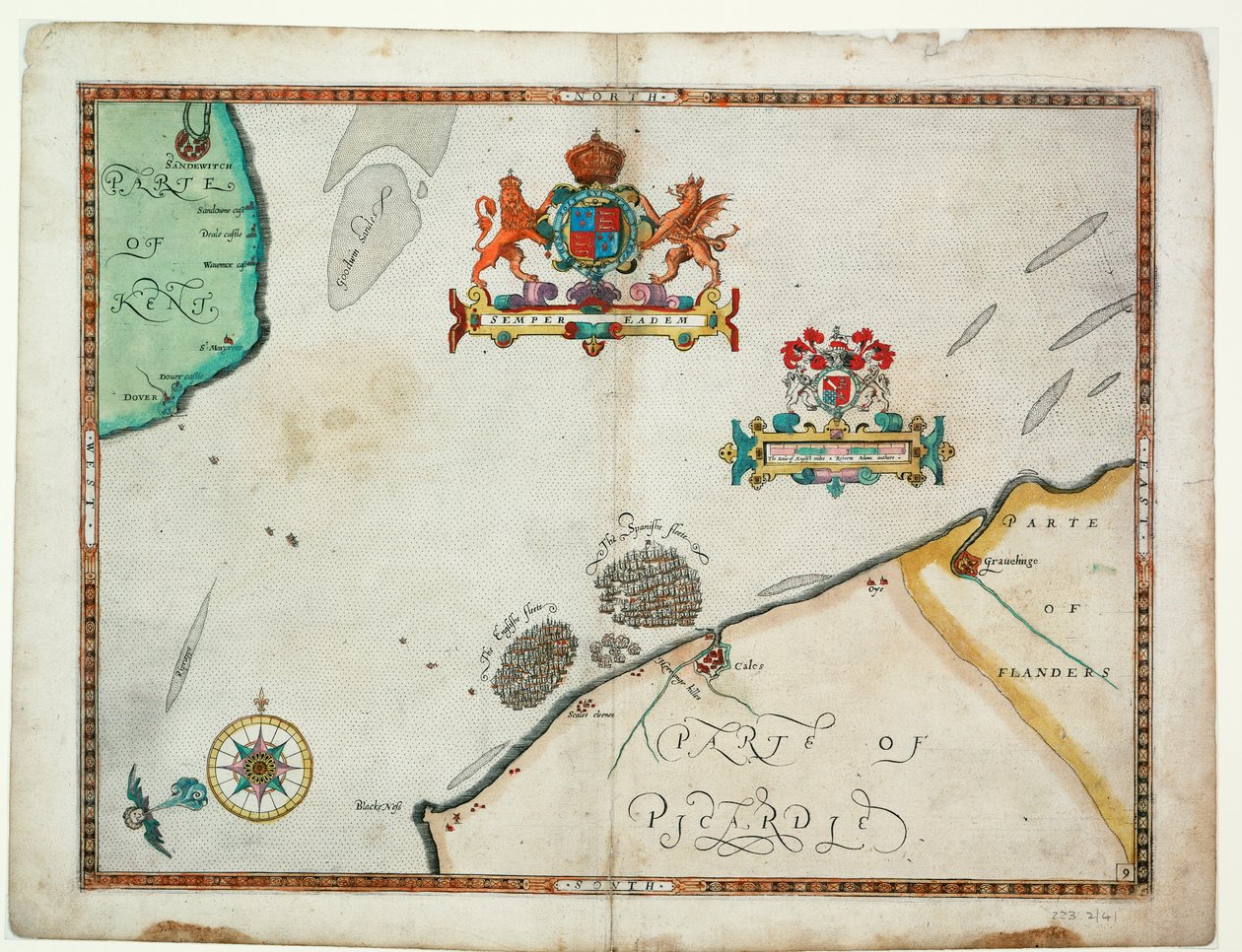 Z Doveru do Sandwiche a z Blacknerse do Gravelines - Španělská armáda a anglická flotila u Calais, cca 1590 (rukopis) od Robert (after) Adams