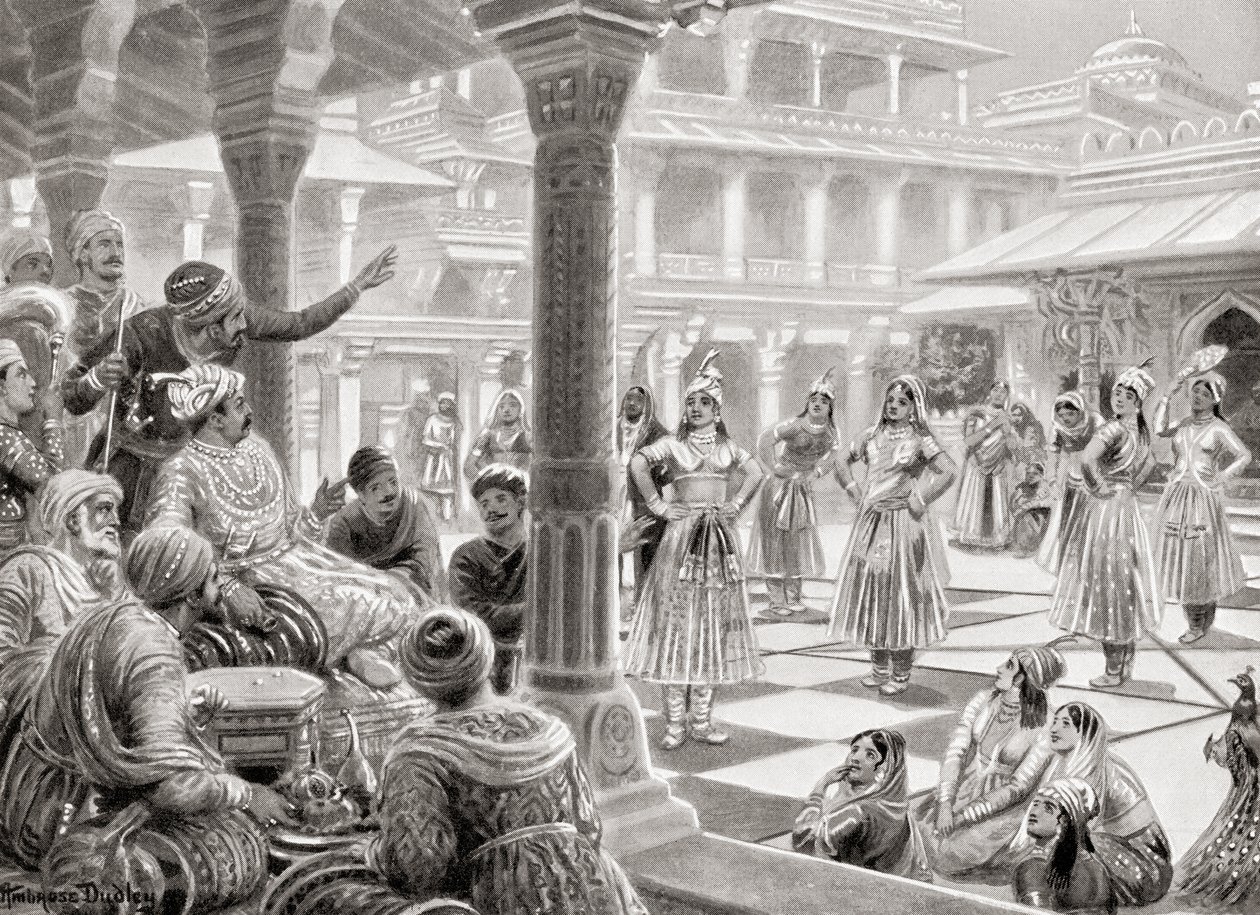 Akbar hrající na pachisi nebo chaupur s živými skladbami ve Fatehpur Sikri v roce 1575, z Hutchinson