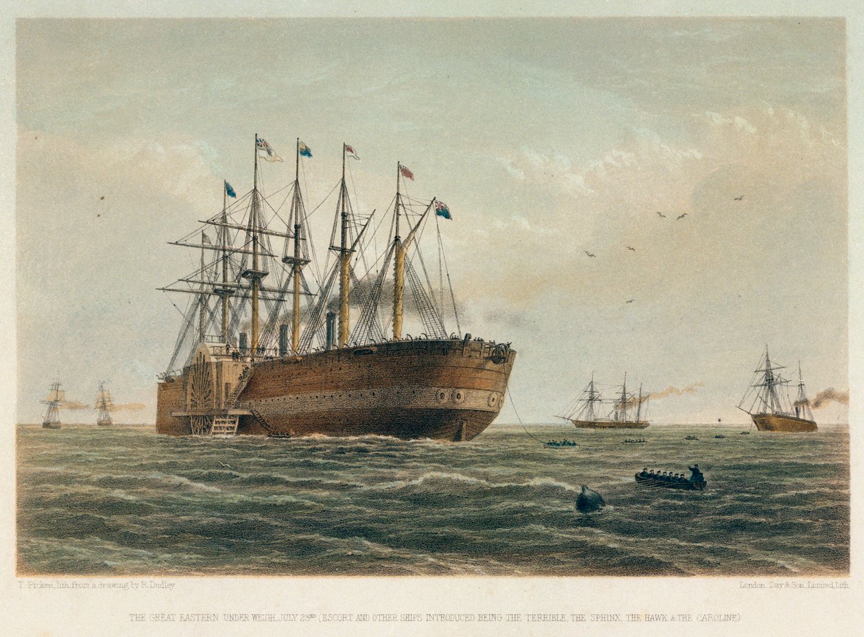 Loď "Great Eastern" na cestě, asi 1860 (kolorovaná litografie) od Robert (after) Dudley