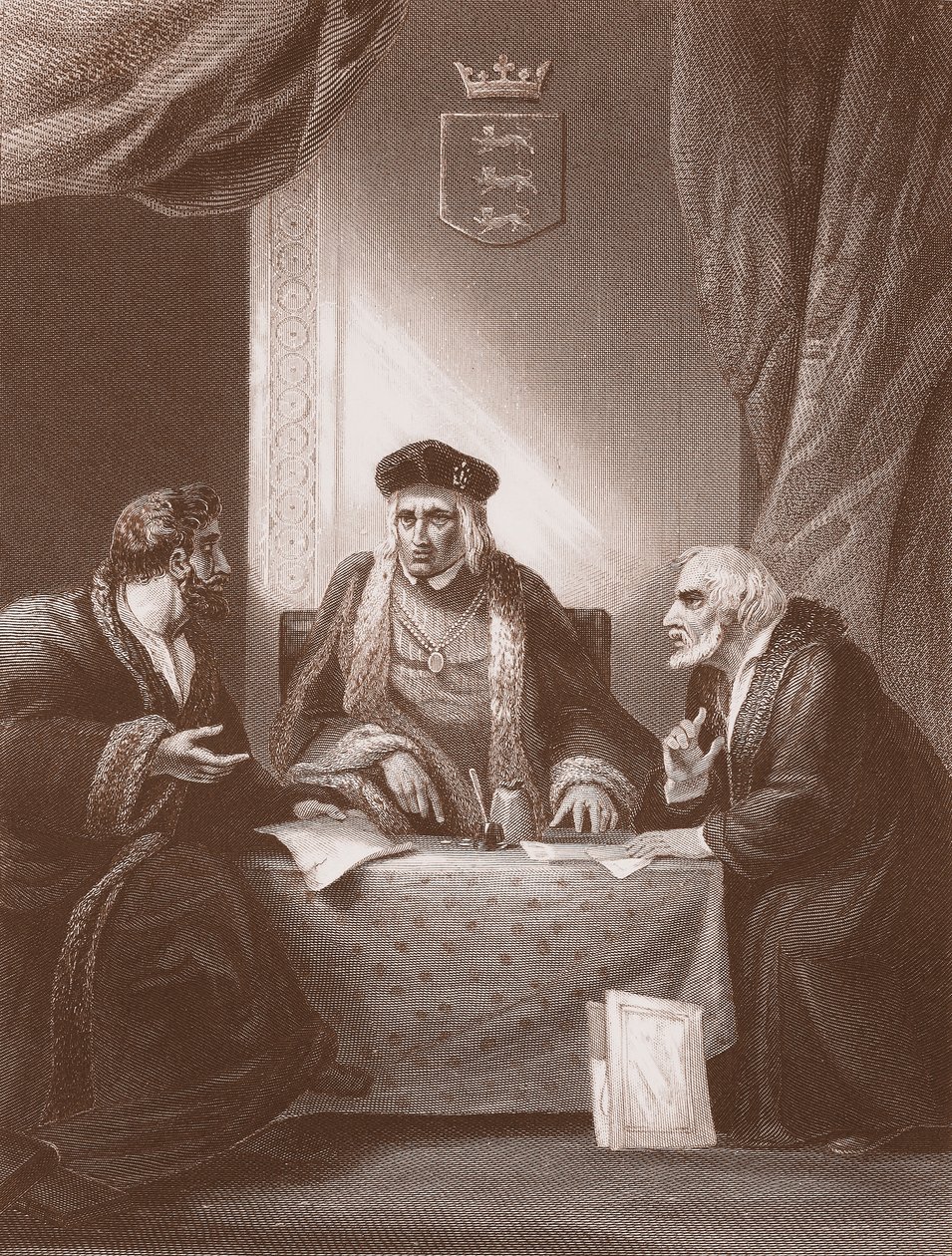Jindřich VII. s Empsonem a Dudleym, vyrytý A.H. Payne (litho) od Robert (after) Smirke