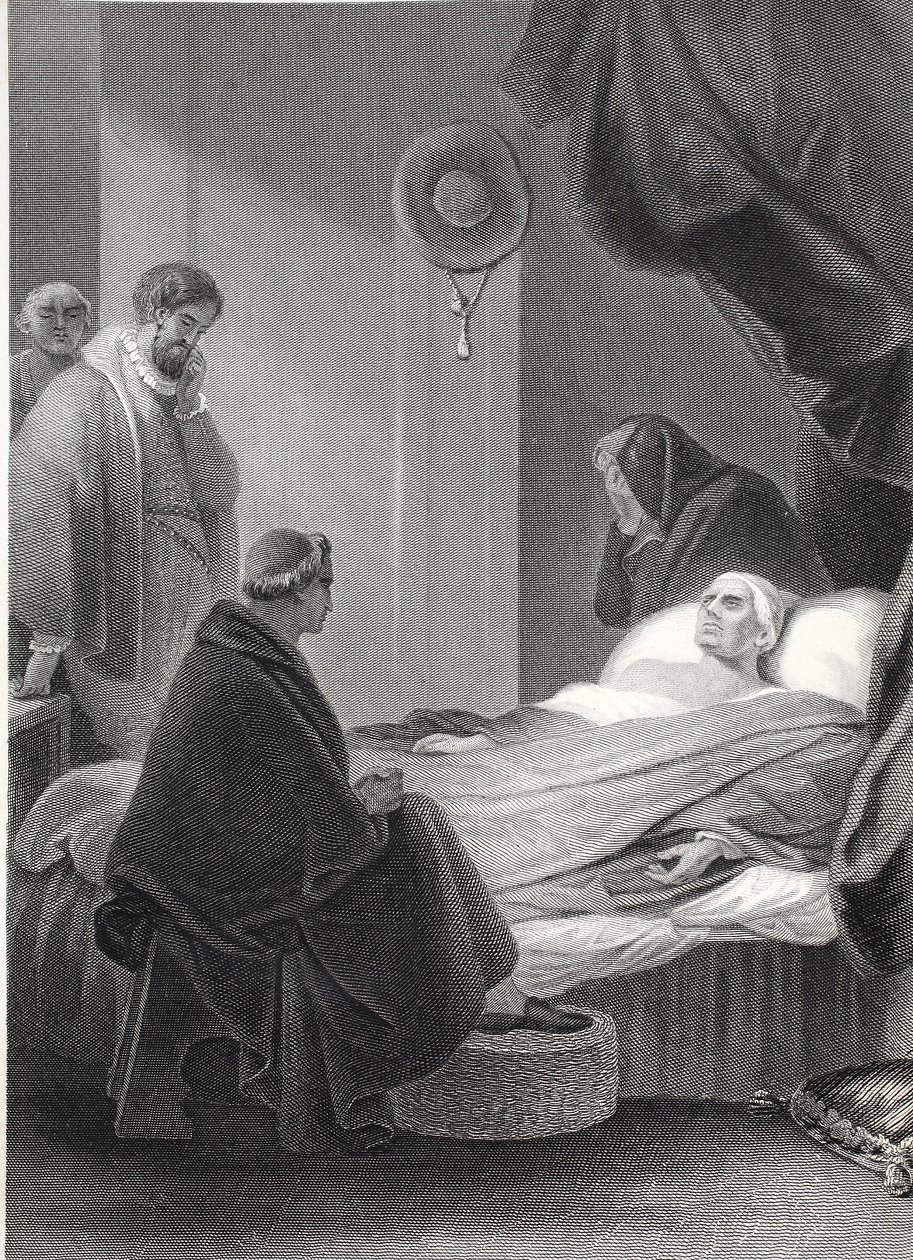 Smrt kardinála Wolseyho, vyryla A.H. Payne (litho) od Robert (after) Smirke