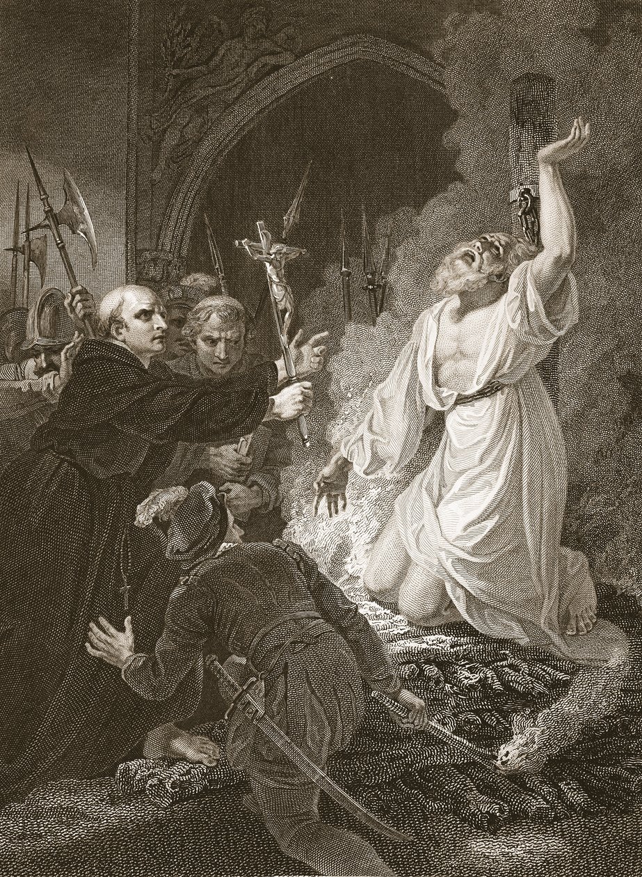Mučednictví arcibiskupa Cranmera, vyryto W. Bromleym, ilustrace z publikace Davida Humea 