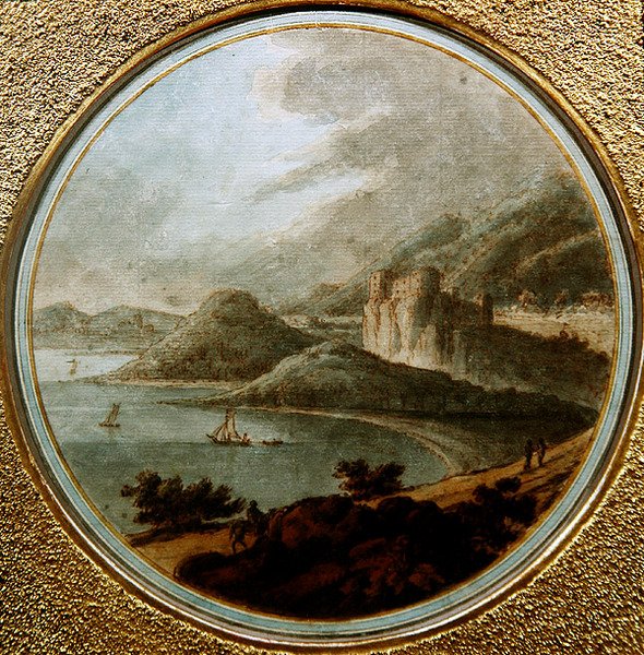 Hrad nad mořskou zátokou s loděmi, cca 1775 (pero a inkoust s akvarelem na papíře) od Robert (attr. to) Adam