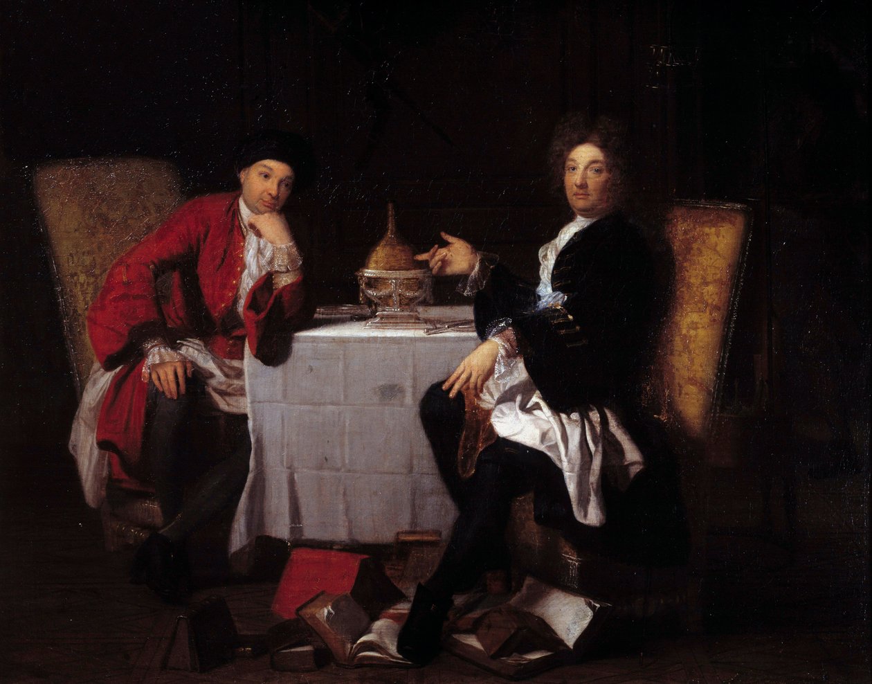 Dva epikurejci Dva filozofové mluví ke stolu. Obraz připisovaný Robertu Tournieresovi (1668-1752) Caen 18. století, musee des Beaux Arts od Robert (attr. to) Tournieres