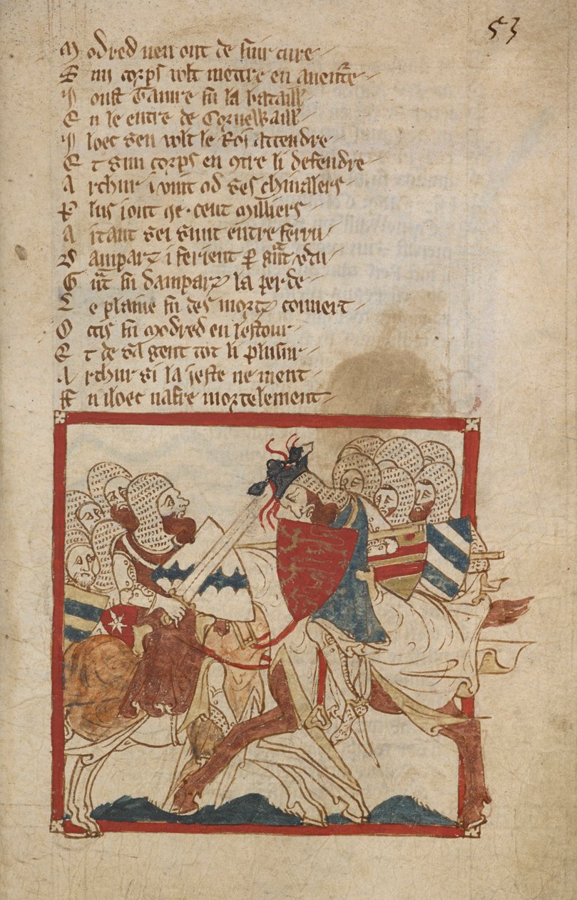 Arthur Mortally Wounded, ilustrace z „Romances in French Verse...“, od Canon of Wace (Wace of Bayeux) od Robert (c.1110 74) Wace