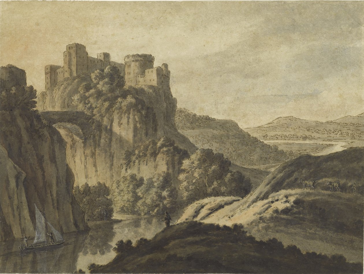 Říční krajina s hradem na srázu, 1780 od Robert Adam