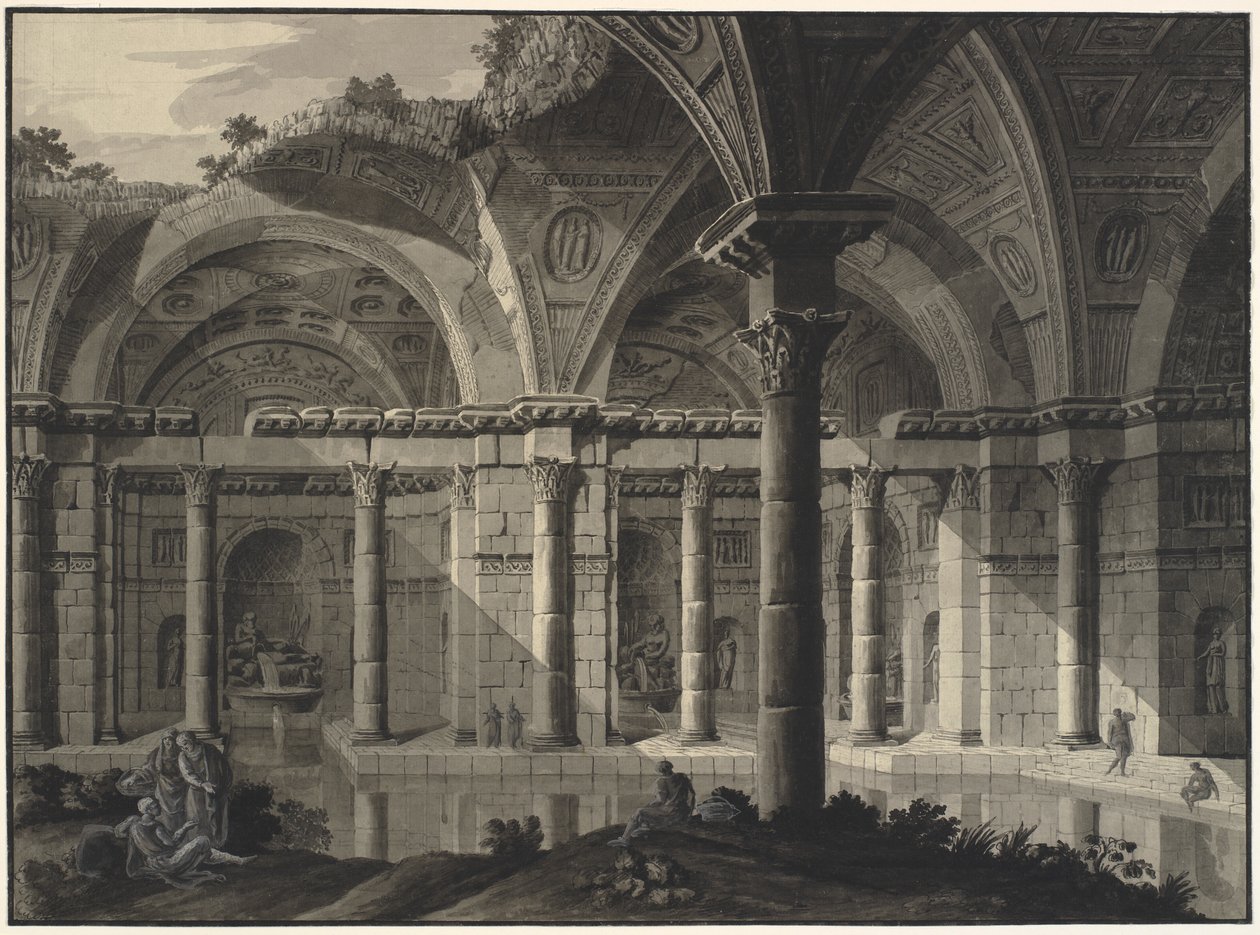 Architektonická fantazie starožitné lázně se zničenou střechou a postavami od Robert Adam