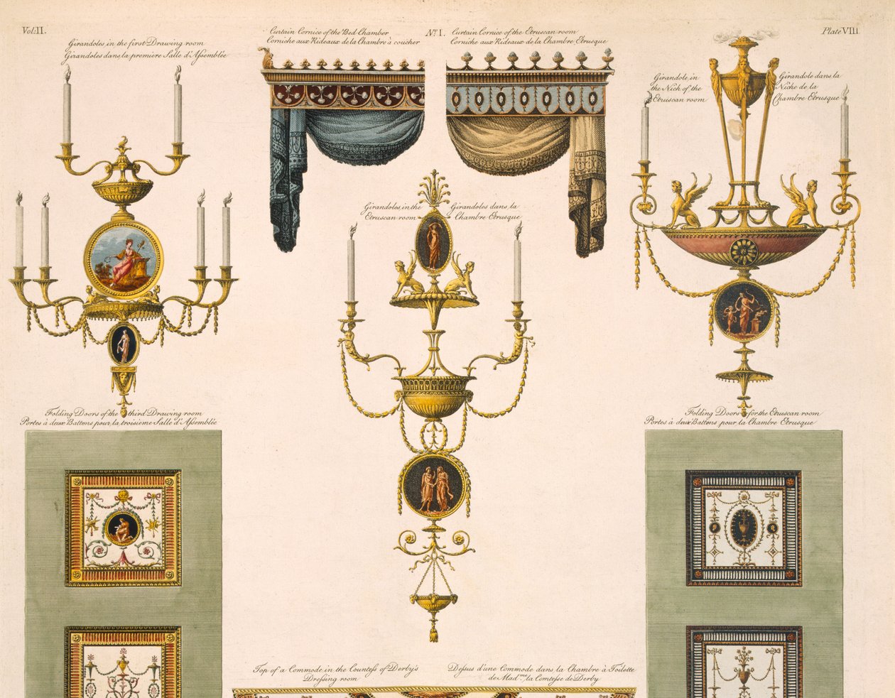 Návrhy záclonových říms, girandol a skládacích dveří, 1774 detail tisku z 61957 od Robert Adam