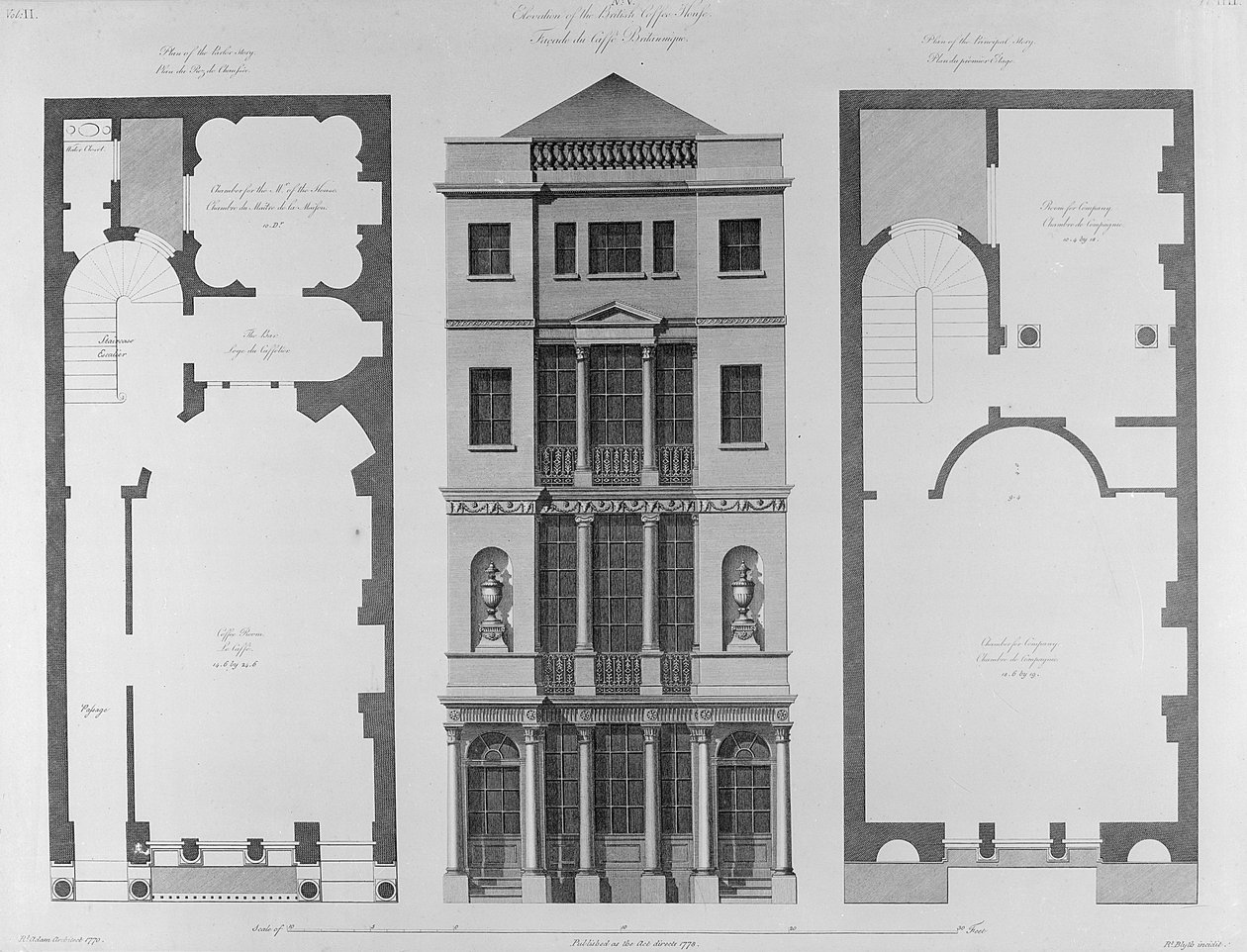 Elevace of the British Coffee House, vyrytý Robert Blyth, 1778 od Robert Adam