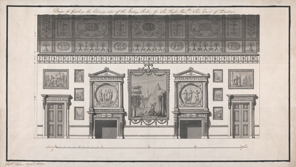 Headfort House, Jídelna, Komínová strana (pero a černý inkoust a mytí tužkou na papíře) od Robert Adam